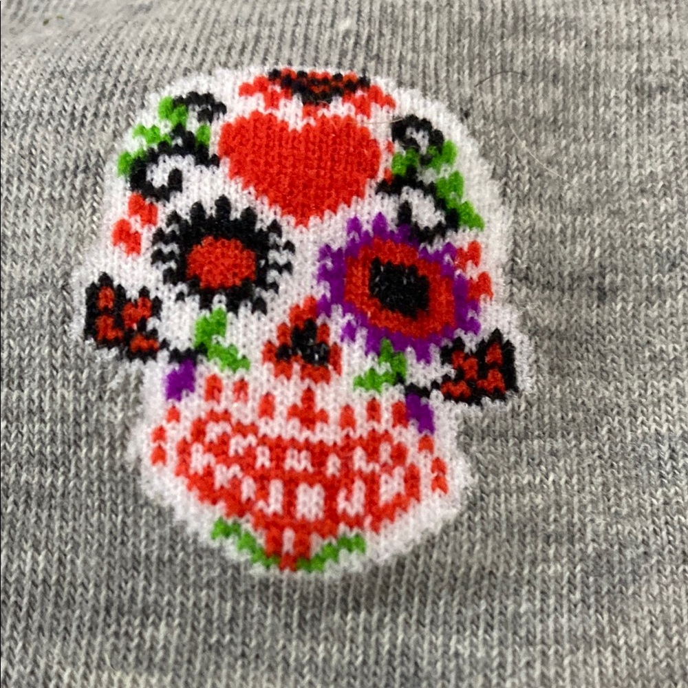 Gray Calavera sugar skull, Knee-High Socks with Red and Pink Accents - Picture 2 of 5